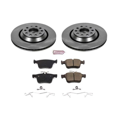 Power Stop 17-18 Audi RS3 Rear Autospecialty Brake Kit shown with rotors and pads.