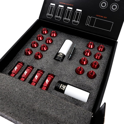 Mishimoto Aluminum Locking Lug Nuts M12x1.25 20pc Set Neo Chrome in box, perfect for performance car parts, from DTX Performance.