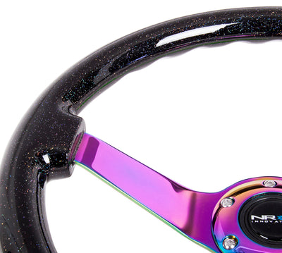 NRG Reinforced Steering Wheel (350mm / 3in. Deep) Classic Blk Sparkle w/4mm Neochrome 3-Spoke Center performance car parts