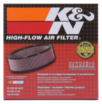 K&N High-Flow Air Filter packaging with performance details for engines