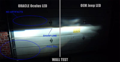 Oracle Jeep Wrangler JL Oculus Bi-LED Projector vs OEM LED light test on garage wall