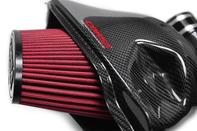 Corsa 14-19 Chevrolet Corvette C7 6.2L V8 Carbon Fiber Air Intake w/ DryTech Filter close-up, performance car parts