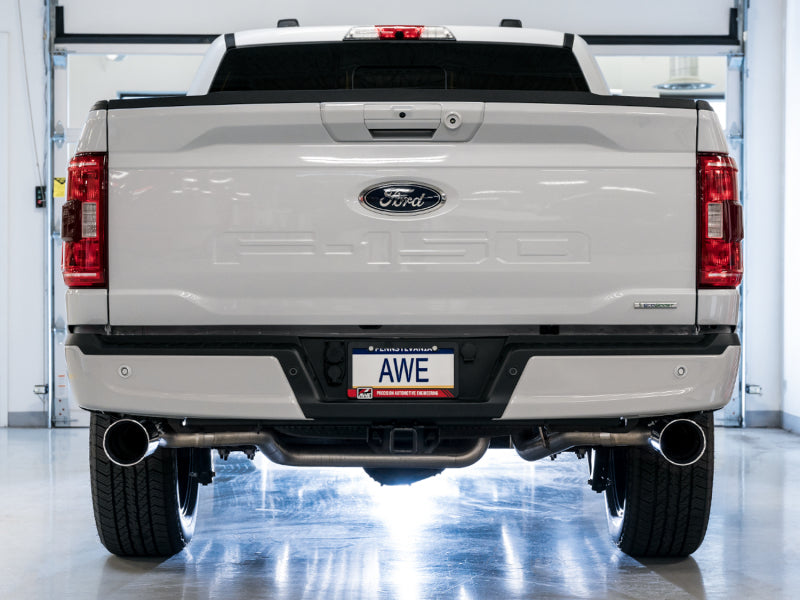 AWE 0FG 21+ Ford F150 Dual Split Rear Exhaust - 5in Chrome Silver Tips - DTX Performance