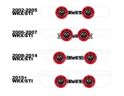 GrimmSpeed 02+ WRX/STi BroTie Hella Horn Mounting Bracket compatibility chart for 2002-2015 WRX/STI models.