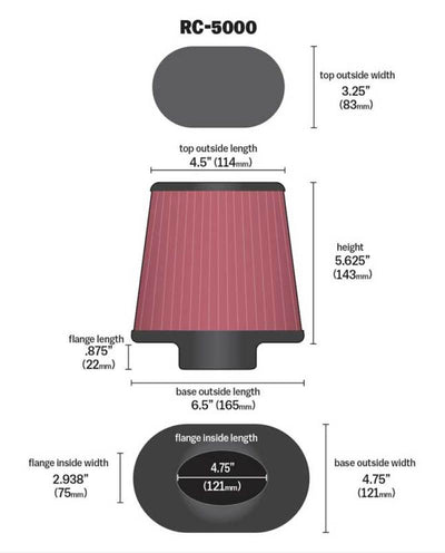 K&N Universal Chrome Filter GM TPI Custom - Oval Flange dimensions diagram