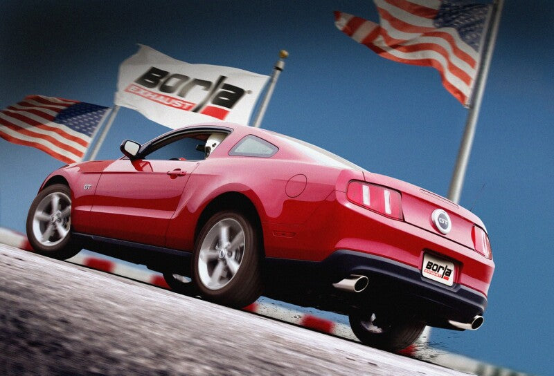 Borla 2010 Mustang GT 4.6L S-type Exhaust shown on a red Mustang with American flags, showcasing high performance car parts from DTX Performance.