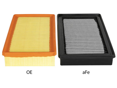 aFe MagnumFLOW Pro Dry S OE Replacement Filter 18-19 Volkswagen Atlas L4-2.0L (t)/V6-3.6L next to OE filter