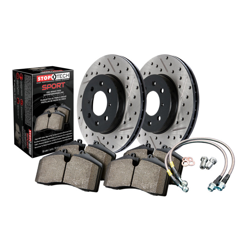 Sport Axle Pack, Drilled & Slotted, Front brake upgrade for performance cars, includes StopTech rotors and pads from DTX Performance.