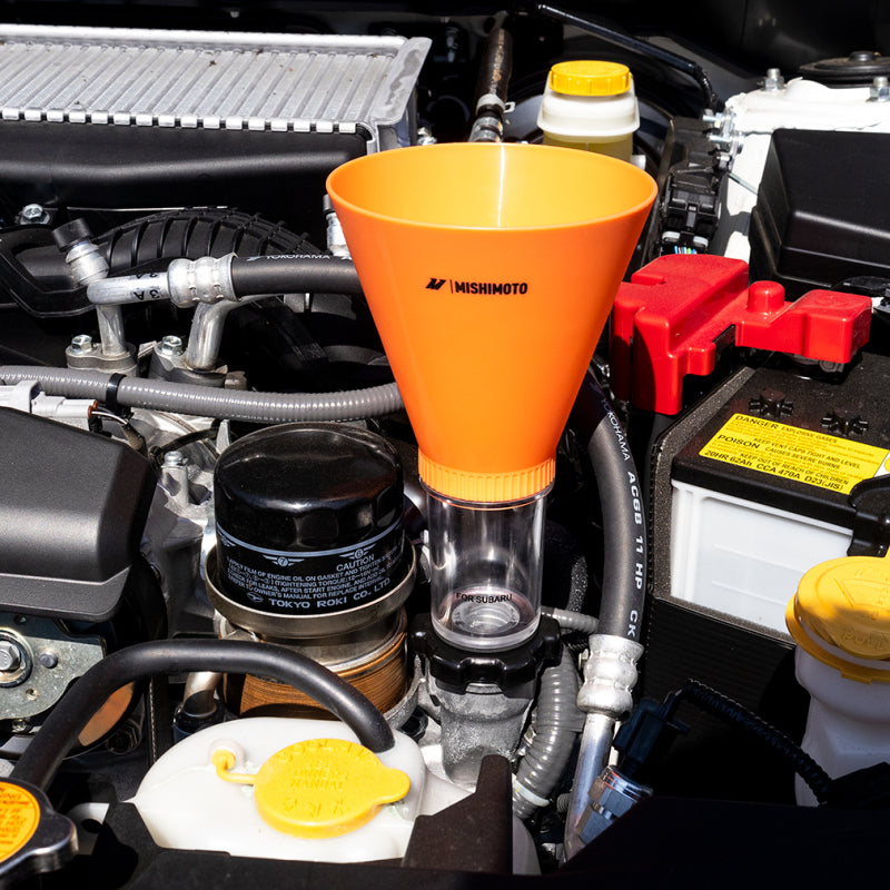 Mishimoto Screw On Oil Funnel Subaru Kit in engine bay