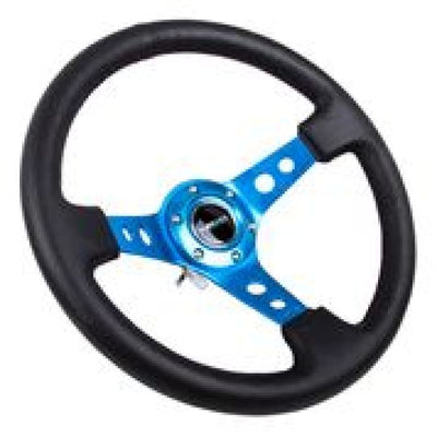 NRG Reinforced Steering Wheel (350mm / 3in. Deep) Blk Leather w/Blue Circle Cutout Spokes from DTX Performance, aftermarket upgrade