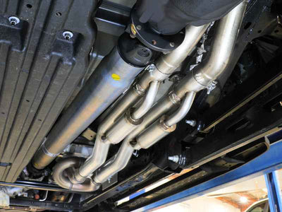 aFe 21-24 Ford F-150 Vulcan Series 3 IN to 3-1/2 IN Stainless Steel Cat-Back Exhaust System - Black undercarriage view of performance car part