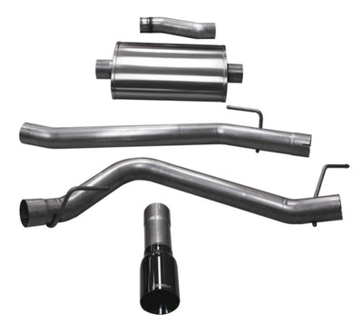 Corsa 20-25 Jeep Gladiator JT 3.6L Single Side Exit Cat-Back Exhaust System w/ Single 4in Black Tip laid out.