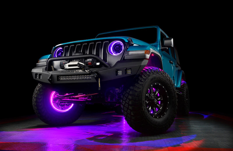 Oracle Bluetooth + RF Underbody Rock Light Kit - 8 PCS - ColorSHIFT installed on off-road Jeep, showcasing vibrant purple ColorSHIFT lighting.