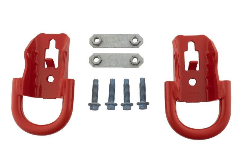 Ford Racing 15-22 F-150 Tow Hooks - Red (Pair) for performance car parts by DTX Performance, featuring powder coated hooks for Ford trucks.