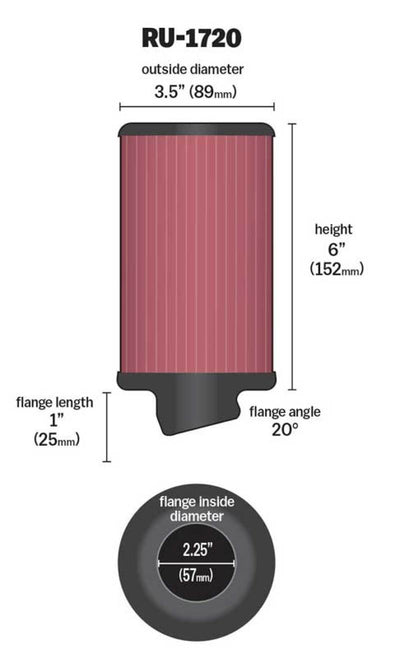 K&N Filter Universal Rubber Round Air Filter 20 Deg Flange Angle 2.25in Flange ID x 3.5in OD x 6in H - DTX Performance car part