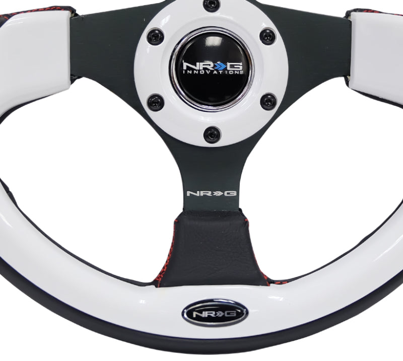 NRG Reinforced Steering Wheel (320mm) Blk w/White Trim & 4mm 3-Spoke, performance car parts from DTX Performance, veteran owned performance shop