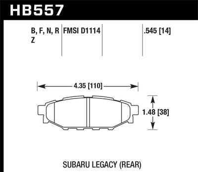 Hawk 08 WRX Rear HP+ Street Brake Pads dimensions for Subaru Legacy