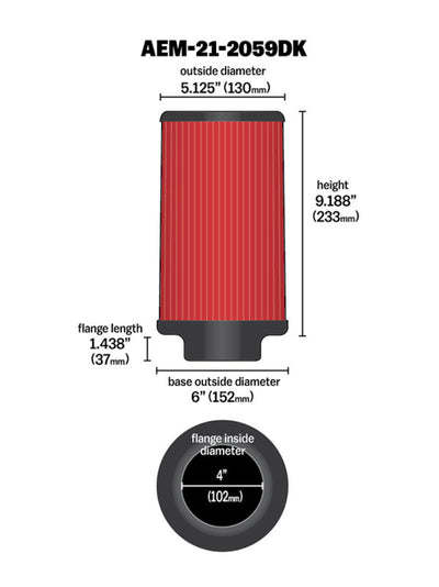 AEM 4 in x 9 in Dryflow Element Filter for performance car upgrades, part of high performance air filters from DTX Performance.