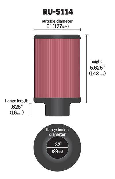 K&N Filter Universal Rubber Filter 3.5in Flange ID x 5in OD x 5.625in H, performance car parts