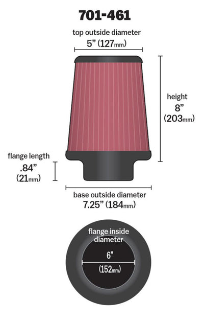 Airaid Kit Replacement Filter dimensions diagram for performance car parts, showcasing filter size and specifications.