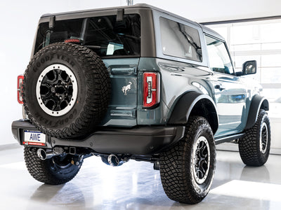 AWE Tuning 2021+ Ford Bronco with 0FG Dual Rear Exit Exhaust, Diamond Black Tips, and Bash Guard from DTX Performance