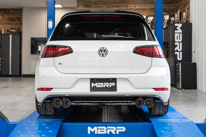 MBRP 15-19 VW Golf R 3in Cat Back Single Exit Exhaust Pro Series w/ Valve Delete - T304 on lift at DTX Performance