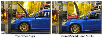 GrimmSpeed 02-07 Subaru Inpreza/WRX/STi Hood Struts on a blue car, showcasing performance upgrades by DTX Performance.