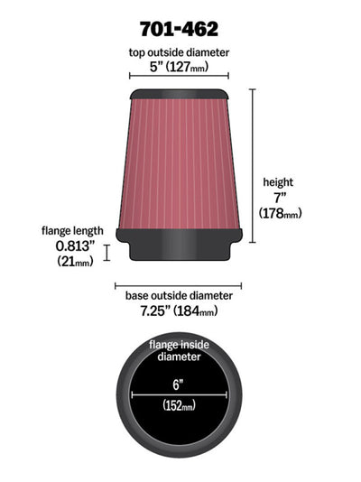 Airaid Universal Air Filter - Cone 6 x 7-1/4 x 5 x 7 dimensions illustration, showing top and base diameters for performance car tuning.