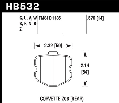 Hawk 06-10 Chevy Corvette OEM Pad Design Rear Performance Ceramic Street Brake Pads diagram for DTX Performance