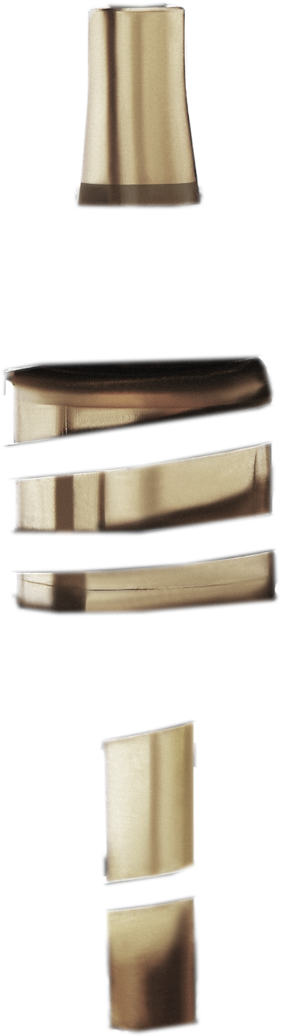 Gold metallic tube components separated on a white background.