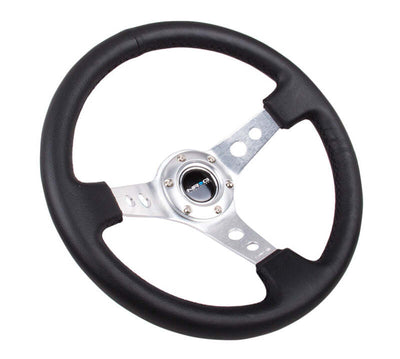 NRG Reinforced Steering Wheel (350mm/3in. Deep) White Leather w/Blk Spoke/Round Holes/White Stripes