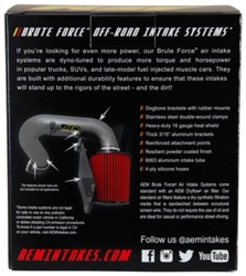 AEM Brute Force Dryflow Air Filter - Conical 6in Base OD / 5.125in Top OD / 5.25in Height tough off-road performance.