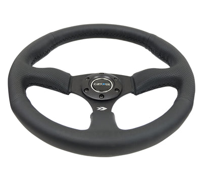 NRG Reinforced Steering Wheel (350mm / 2.5in. Deep) Blk Leather Comfort Grip w/5mm Matte Blk Spokes - DTX Performance Car Parts