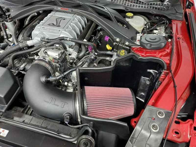 JLT 20-23 Ford Mustang GT500 Big Air Intake Kit w/Red Oil Air Filter under hood in high performance auto parts setup for performance upgrades