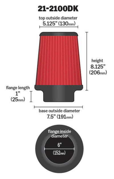 Diagram of AEM 6 in DRY Flow Short Neck 9 in Element Filter dimensions, focusing on performance upgrades for tuning and exhaust systems.