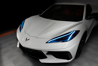 Oracle 20-21 Chevy Corvette C8 RGB+A Headlight DRL Kit - ColorSHIFT w/o Controller by ORACLE Lighting on a white Corvette