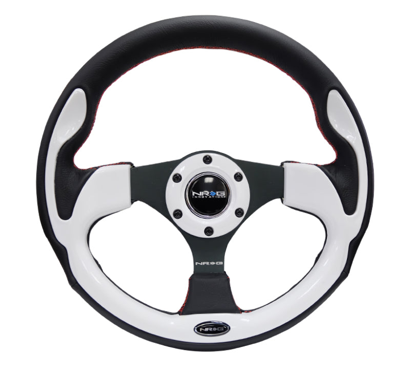 NRG Reinforced Steering Wheel (320mm) Blk w/White Trim & 4mm 3-Spoke, performance car parts by DTX Performance