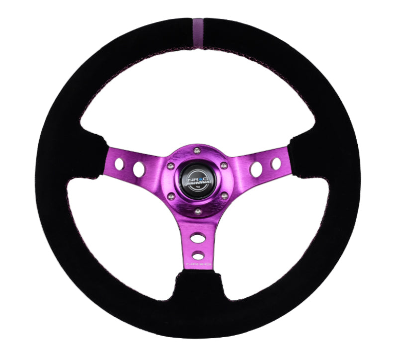 NRG Reinforced Steering Wheel (350mm / 3in. Deep) Black Suede w/Purple Center & Purple Stitching, high performance car parts
