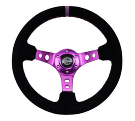 NRG Reinforced Steering Wheel (350mm / 3in. Deep) Black Suede w/Purple Center & Purple Stitching, high performance car parts