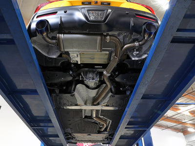 aFe POWER Takeda 2021 Toyota Supra 2.0L (t) 2.5in-3in 304 SS CB Exhaust showcased under car, performance auto part featured