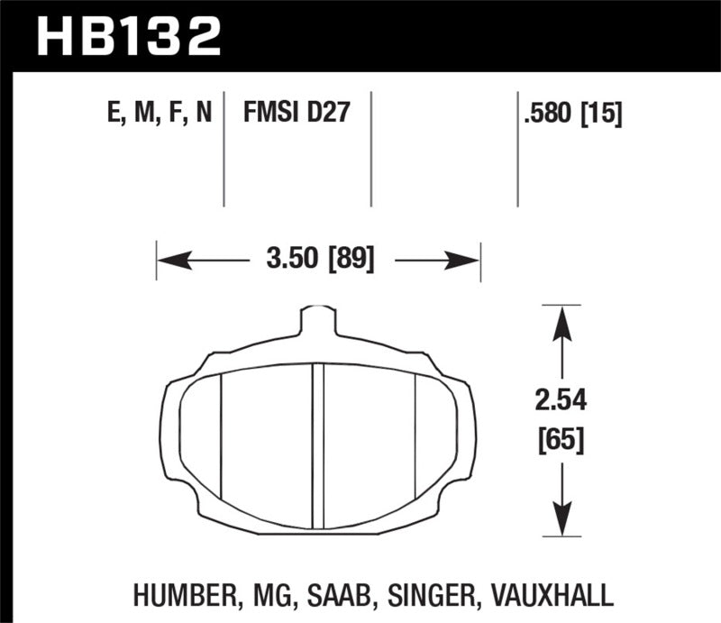 Diagram of HB132 brake pad dimensions for Hawk HP+ Street Brake Pads and compatible car models.