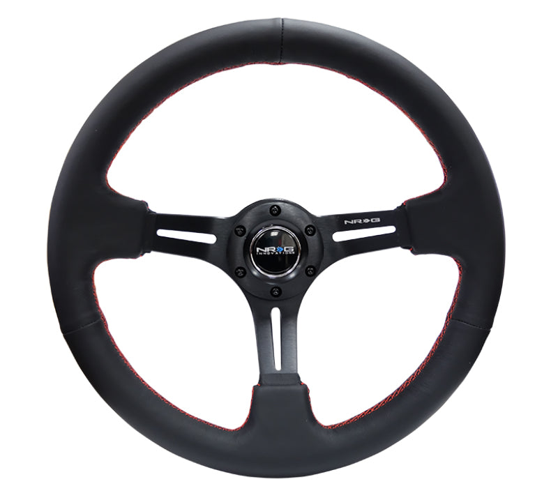 NRG Reinforced Steering Wheel (350mm / 3in. Deep) Black Leather/Red Stitch & Blk 3-Spoke w/Slits for performance car parts.