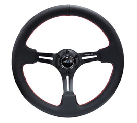 NRG Reinforced Steering Wheel (350mm / 3in. Deep) Black Leather/Red Stitch & Blk 3-Spoke w/Slits for performance car parts.