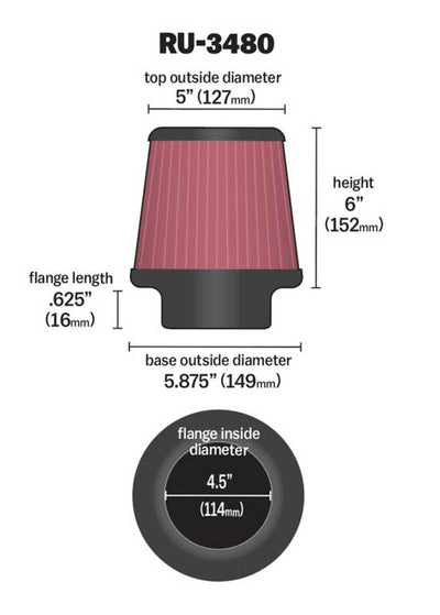 Diagram of K&N Universal Rubber Filter 4 1/2 inch FLG / 5 7/8 inch Base / 5 inch Top / 6 inch Height dimensions and specifications