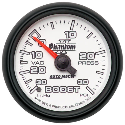 Autometer Phantom II 52.4mm Mechanical Vacuum / Boost Gauge 30 In. HG/30 PSI, high performance auto parts by DTX Performance.
