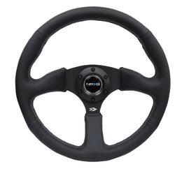 NRG Reinforced Steering Wheel (350mm / 2.5in. Deep) Blk Leather Comfort Grip w/5mm Matte Blk Spokes - DTX Performance car parts
