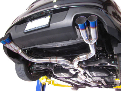 ISR Performance Race Exhaust for 09-13 Hyundai Genesis Coupe 3.8 V6 displayed on lift, ideal for DTX Performance upgrades.