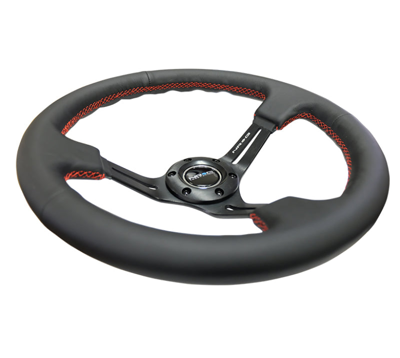 NRG Reinforced Steering Wheel (350mm / 3in. Deep) Black Leather/Red Stitch & Blk 3-Spoke w/Slits for performance car parts