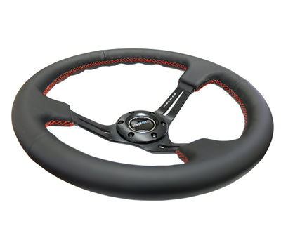 NRG Reinforced Steering Wheel (350mm / 3in. Deep) Black Leather/Red Stitch & Blk 3-Spoke w/Slits for performance car parts