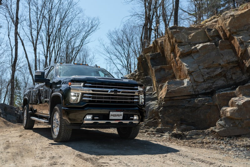 MBRP 2020+ GMC/Chevy 2500/3500 6.6L Duramax 4in Mand Bent Tubing Pro-Ser Cat Back Single Side exhaust on truck